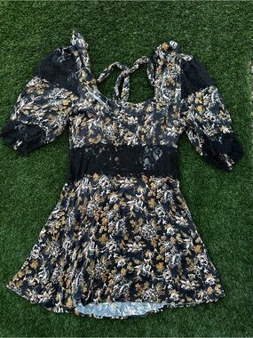 Free People Black Floral Lace-Trim Mini Dress with Gold & White Print